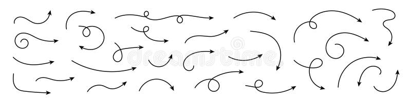 Collection hand drawn arrows. Set simple curved arrows. Collection of pointers. stock illustration