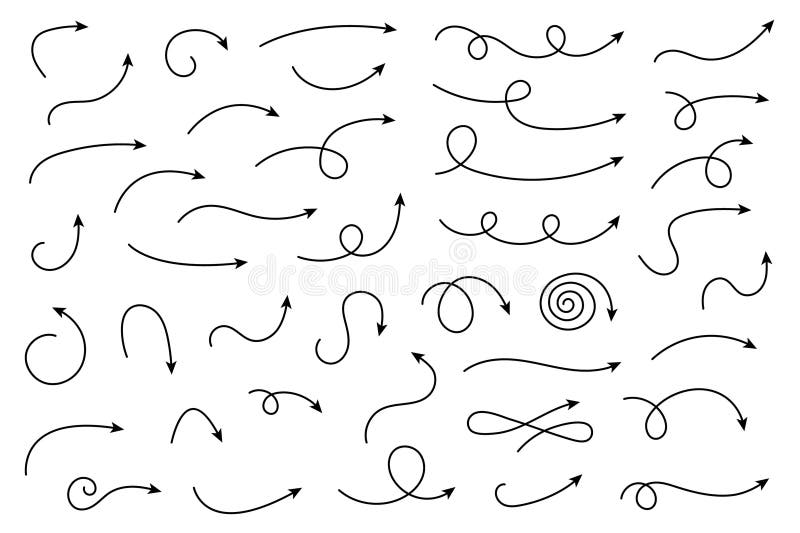 Collection hand drawn arrows. Set simple curved arrows. Collection of pointers. royalty free illustration