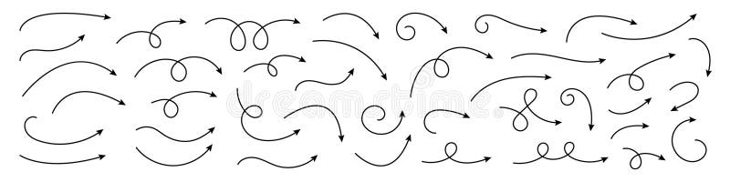 Collection hand drawn arrows. Set simple curved arrows. Collection of pointers. vector illustration