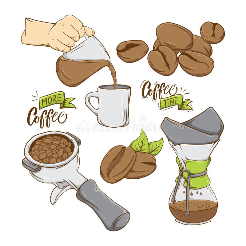Collection of Hand Drawn Coffee Bean with Coffee Maker Stock