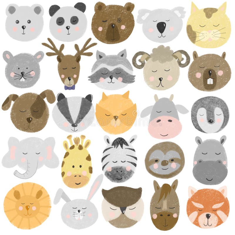 Collection of hand drawn cute animal faces bear,deer, panda, raccoon, zebra, bunny, sloth, horse, cat, dog etc. Hand drawn isolated on a white background stock illustration Collection of hand drawn cute animal faces bear,deer, panda, raccoon, zebra, bunny, sloth, horse, cat, dog etc. Hand drawn isolated on a white background stock illustration
