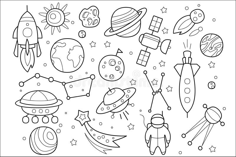 Vetor de Outer space vector objects and writings. Alien, ufo, planets,  comet, satellite, solar system, meteorite, stars, rocket and other space  icons. Cute, simple black outlined, hand drawn galaxy set. do Stock