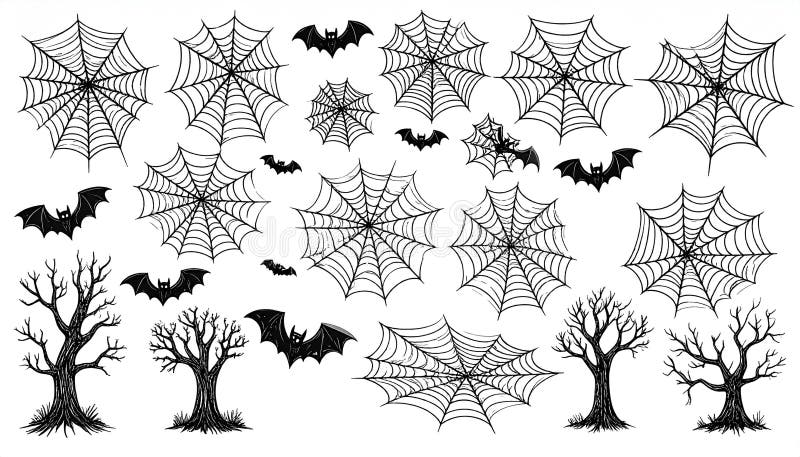 A collection of hand-drawn spiderwebs, bats, and bare trees, perfect for Halloween decorations or spooky-themed designs, rendered in black ink on a white background. Spiderwebs illustrations