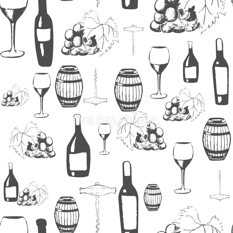Wine Seamless Pattern. Handdrawn Wine Barrel, Wine Bottles, Glasses, Grape Leaves and Corkscrew
