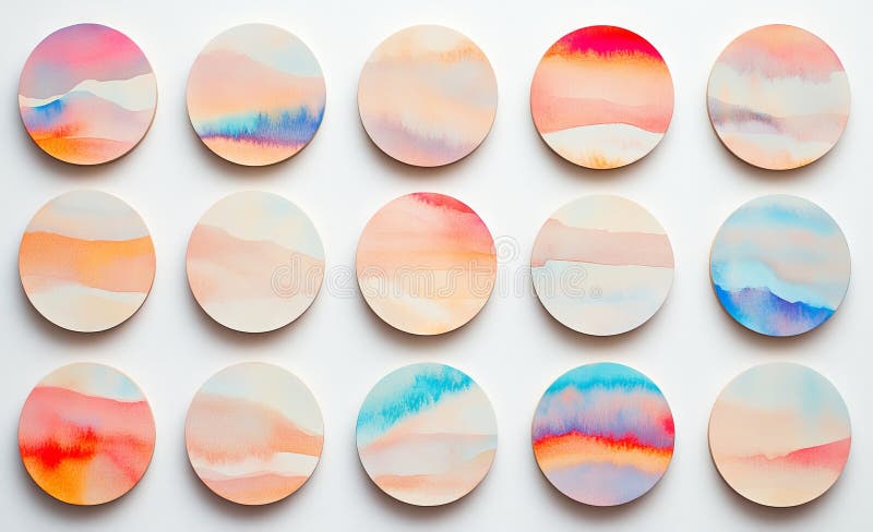 Collection of hand-painted watercolor circular blots on a white backdrop stock photography