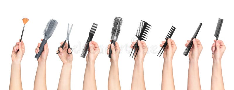 Collection of hands holding tools for hair salon