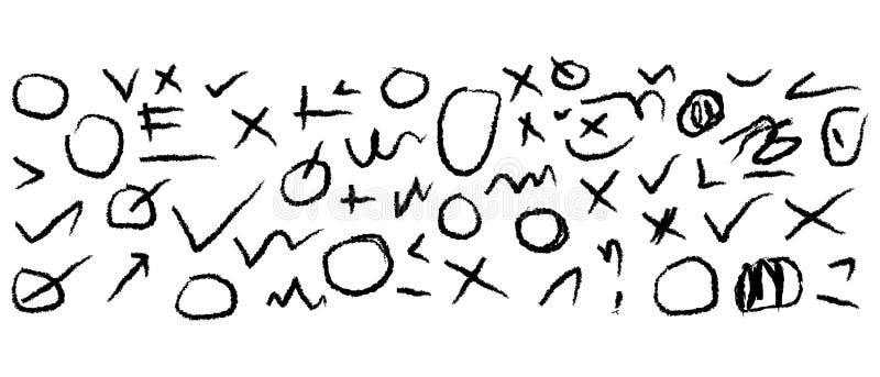 Collection of various black handwritten symbols and marks on a white background, including circles, crosses, checkmarks, arrows, and lines. The symbols are scattered and vary in thickness and size, displaying a random, informal arrangement. Handwritten symbols illustrations