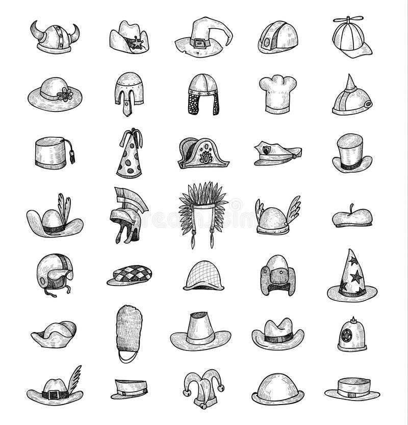 Collection of Hats, Hand Drawn. vector illustration