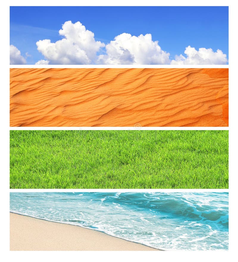 Collection of horizontal banners with nature elements - water ground and air. Set of backdrops with sky, sand, water, grass. Copy space for text