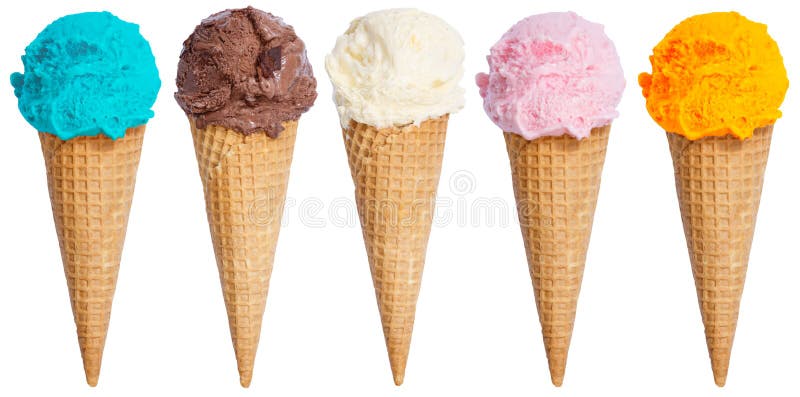 Collection of ice cream scoop sundae cone in a row icecream isolated on white