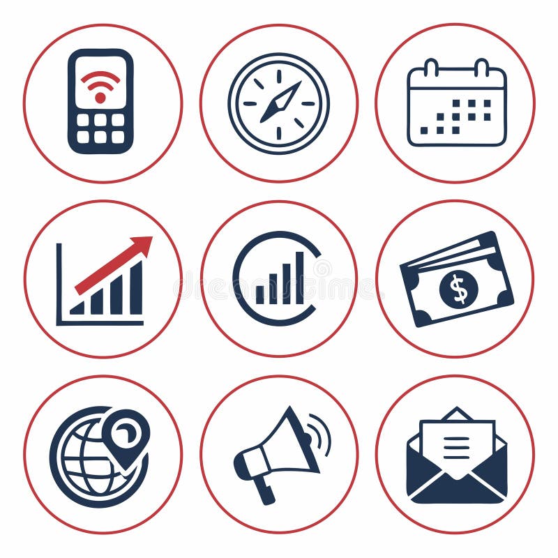 A collection of icons that include a cell phone, a calendar, a clock vector illustration