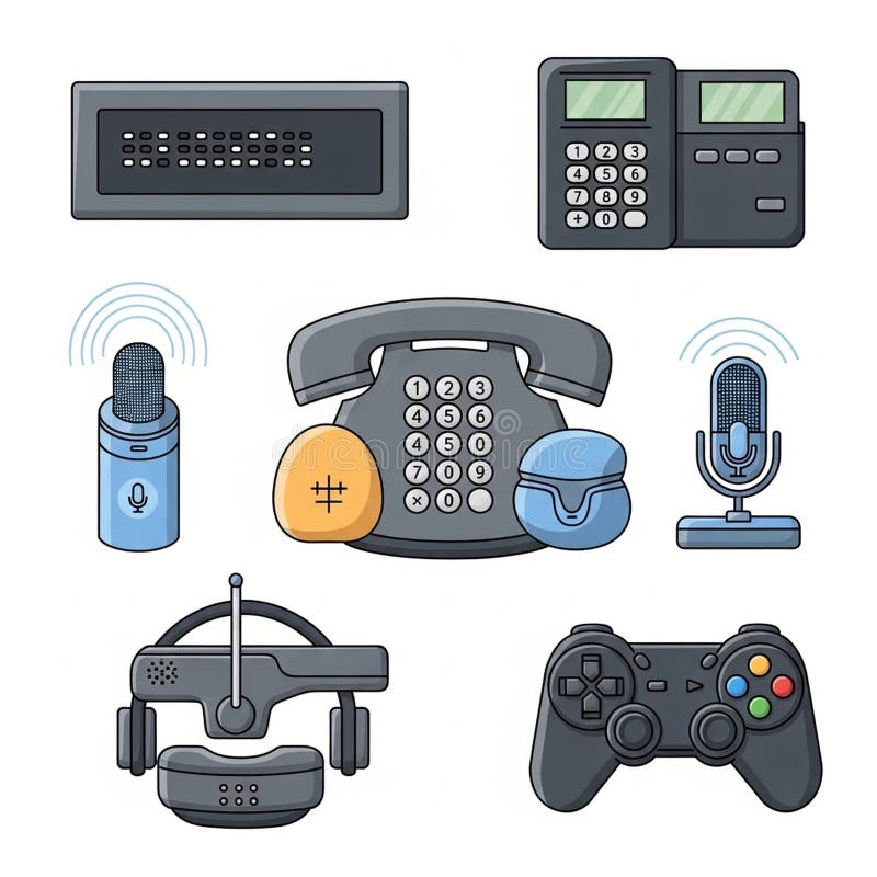 Each item has distinct simplified features emphasizing functionality royalty free illustration