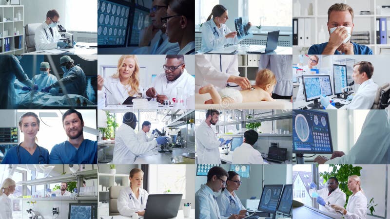 Collection of images featuring medical professionals and scientist in lab and surgery, highlighting teamwork, innovation stock footage