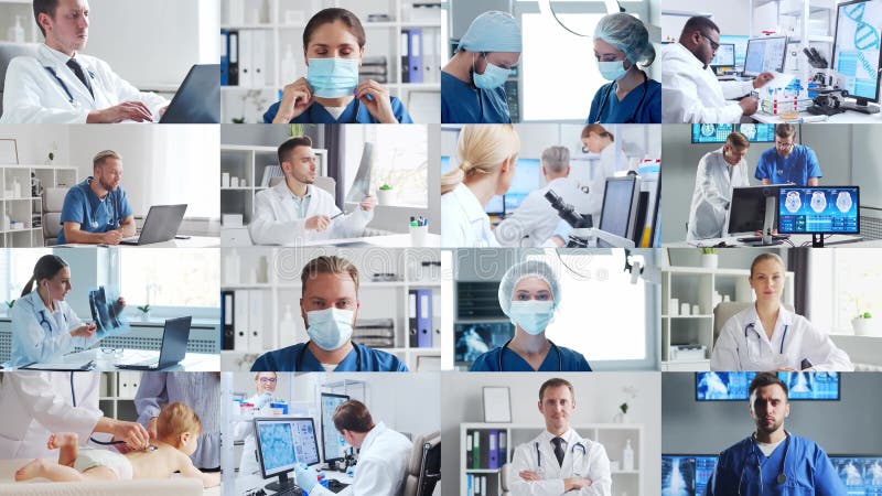 Collection of images featuring medical professionals and scientist in lab and surgery, highlighting teamwork, innovation stock video footage