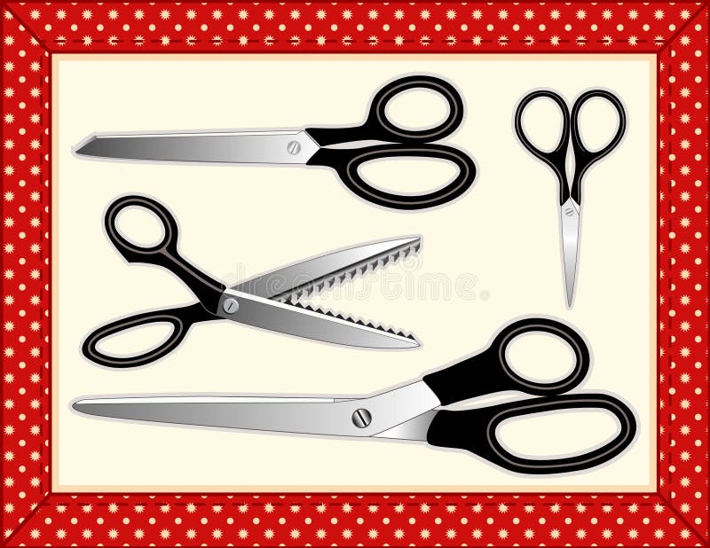 From top left: standard scissors, embroidery scissors, dressmaker shears & pinking shears for sewing, tailoring, quilting, arts, crafts & do it yourself projects. EPS8 file in groups so blades can be repositioned. Also includes pattern swatch. From top left: standard scissors, embroidery scissors, dressmaker shears & pinking shears for sewing, tailoring, quilting, arts, crafts & do it yourself projects. EPS8 file in groups so blades can be repositioned. Also includes pattern swatch.