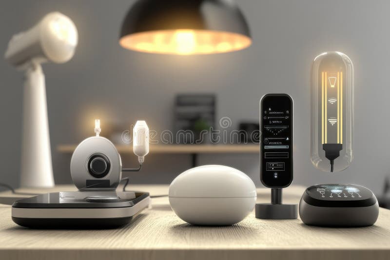 Modern smart home devices on a sleek table with warm lighting stock photography
