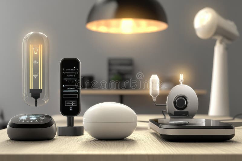 Modern smart home devices on a sleek table with warm lighting royalty free stock image