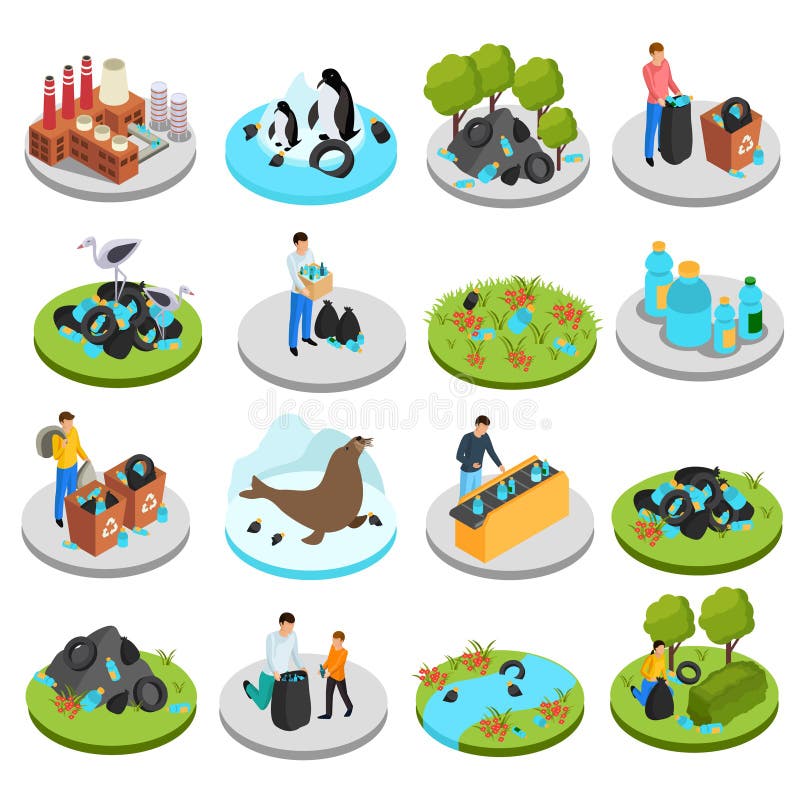 Drastic plastic isometric icon set of sixteen isolated images with rubbish bins plants and human characters vector illustration. Drastic plastic isometric icon set of sixteen isolated images with rubbish bins plants and human characters vector illustration