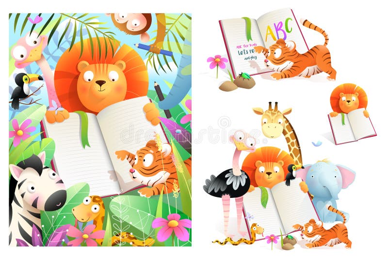 African Animals for Kids Reading a Book Studying Stock Vector - Illustration  of landscape, friend: 220857436