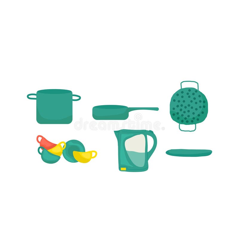 Collection of Kitchenware Items. Green Pot, Pan, Colander, Cups, and