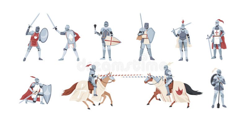 Collection of knights. Bundle of warriors holding sword, shield, mace or fighting in battle isolated on white background