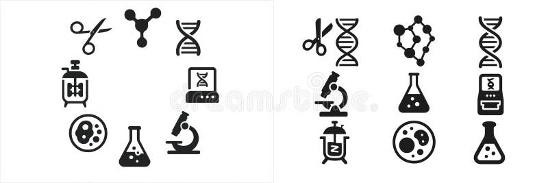 Collection of laboratory icons representing various scientific activities and tools related to biology and chemistry royalty free illustration