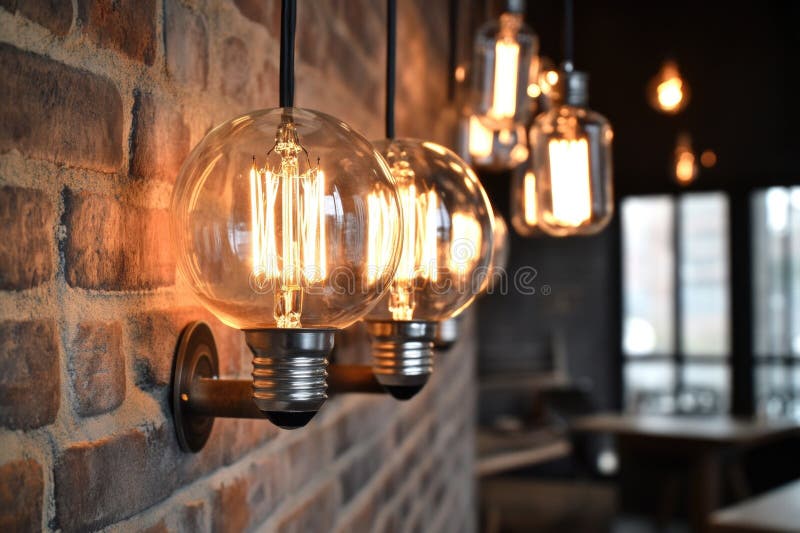 A collection of light bulbs suspended from a brick wall, suitable for use in designs about technology, innovation, and stock images