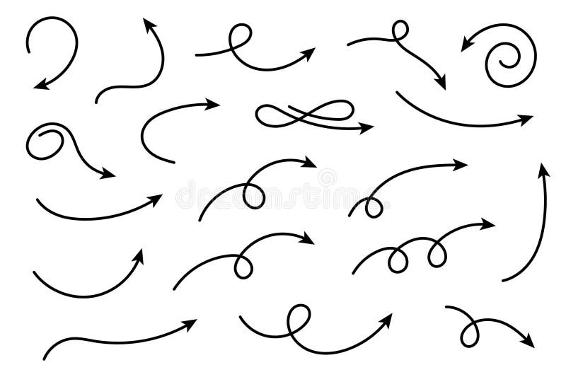 Collection of line arrows. Set simple curved hand drawn arrows. Collection of pointers. stock illustration