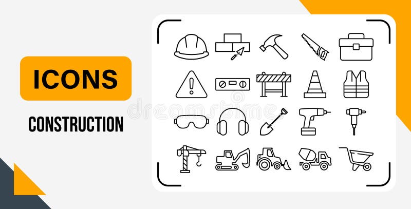 A comprehensive collection of line art construction icons, perfect for architectural and engineering projects. This vector graphic features a variety of essential tools and equipment, including a hammer, saw, drill, jackhammer, crane, and bulldozer. Additional design elements such as a helmet, bricks, and safety barriers are also included. The minimal, monochrome aesthetic of these outline icons makes them ideal for a variety of applications, such as infographics, website graphics, and presentations related to the construction industry, civil engineering, or building projects. Civil engineering line art vectors