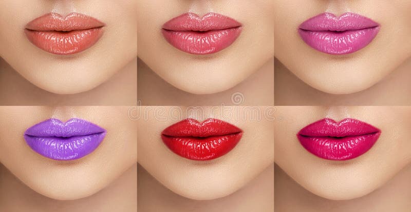 Collection lipsticks. Female lips with different colors of lipstick. A collage of six female lips. Beauty, fashion, care stock photography Collection lipsticks. Female lips with different colors of lipstick. A collage of six female lips. Beauty, fashion, care stock photography