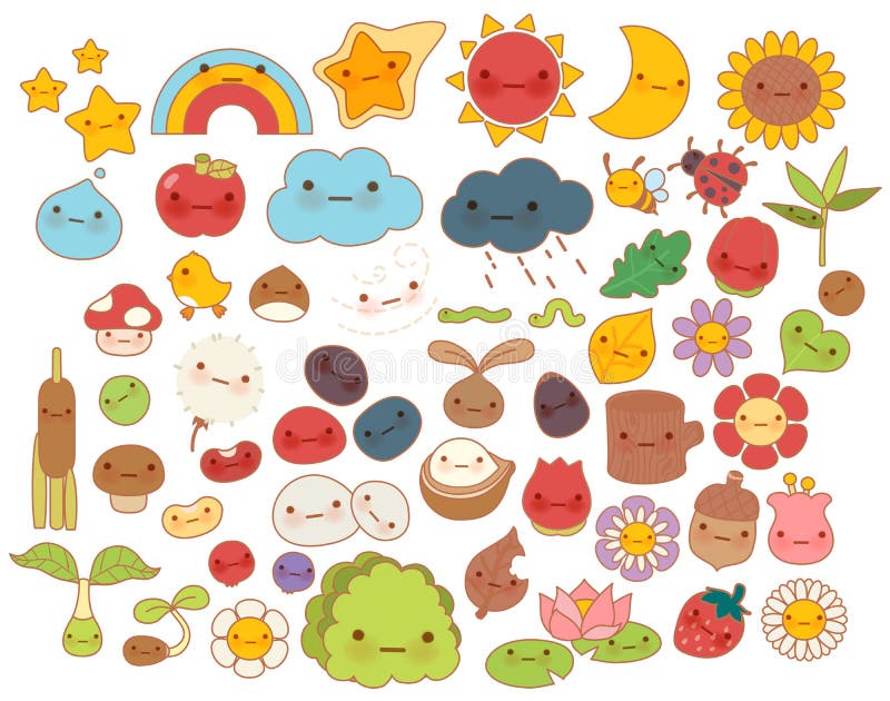 Collection of lovely baby forest nature doodle character icon ,cute star ,adorable flower ,sweet fruit ,kawaii rainbow ,girly bug