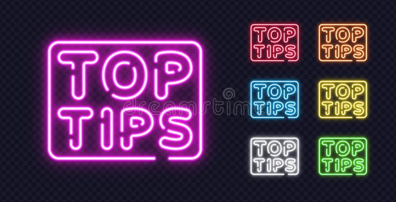 Collection of luminous TOP TIPS signs in colorful neon style, great for advice, hacks or informative content visuals. vector illustration