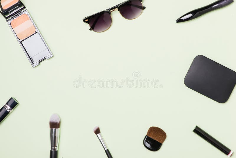 A Collection of Make Up and Cosmetic Beauty Green Background Stock ...