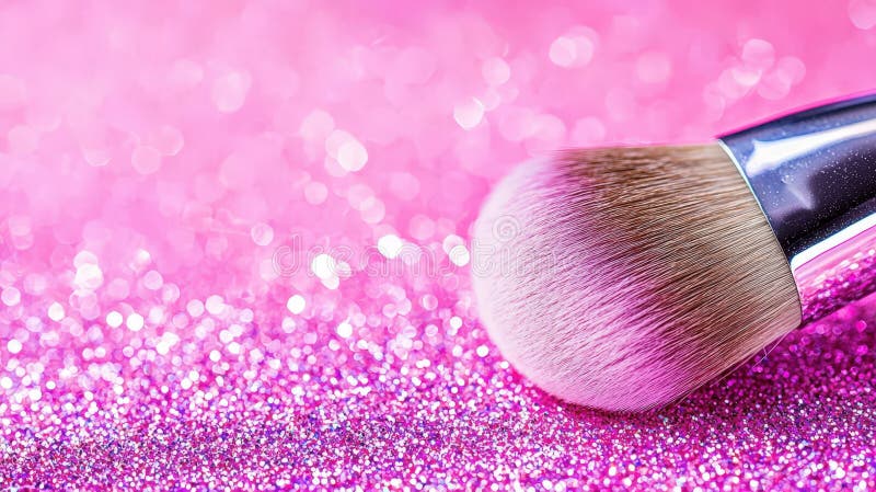 Collection of makeup products, including pink glitter powder and makeup brush Copy space for text royalty free stock images