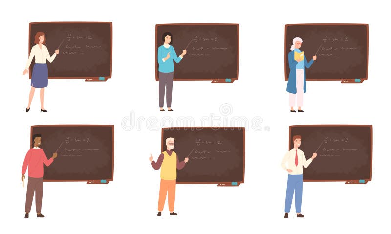 Collection of male and female school or college teachers, professors, education workers standing beside chalkboard