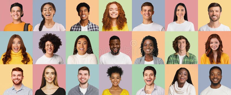 Collection Of Many Young People Faces In Collage. Multiracial Millennial Women And Men Smiling To Camera Posing Over Pastel Colored Backgrounds. Set Of Diverse Males And Females Portraits. Panorama. Collection Of Many Young People Faces In Collage. Multiracial Millennial Women And Men Smiling To Camera Posing Over Pastel Colored Backgrounds. Set Of Diverse Males And Females Portraits. Panorama