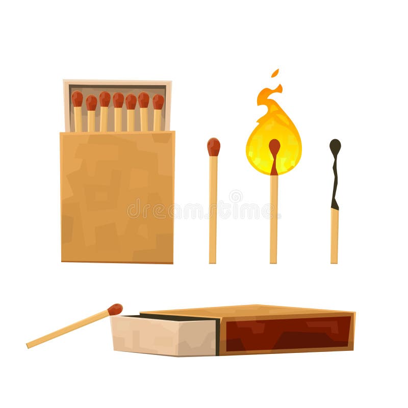 Collection of matches, burning match with fire, opened matchbox, burnt matchstick