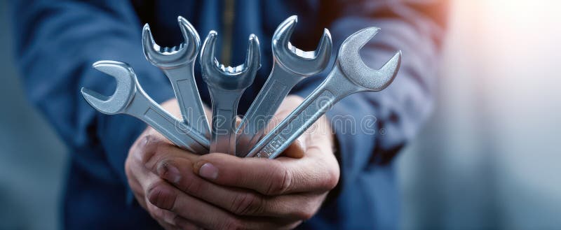 The collection of metallic wrenches held in a skilled mechanic's hands.. image stock image.