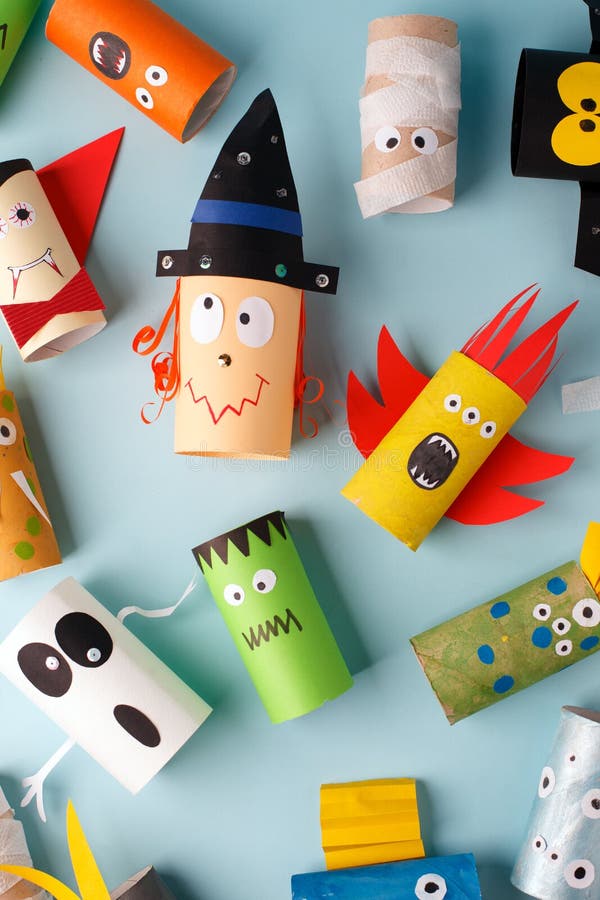 Collection of Monsters from toilet tube for halloween decor. A terrible craft. School and kindergarten. Handcraft creative idea,. Seasonal autumn holiday royalty free stock photography