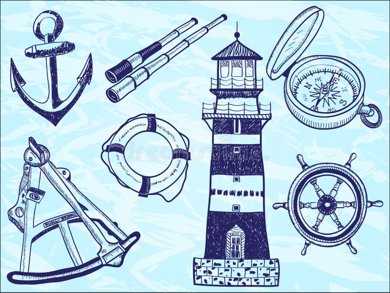 Nautical collection - hand-drawn illustration of lighthouse, life buoy, telescope, sextant, anchor, helm, compass. Nautical collection - hand-drawn illustration of lighthouse, life buoy, telescope, sextant, anchor, helm, compass