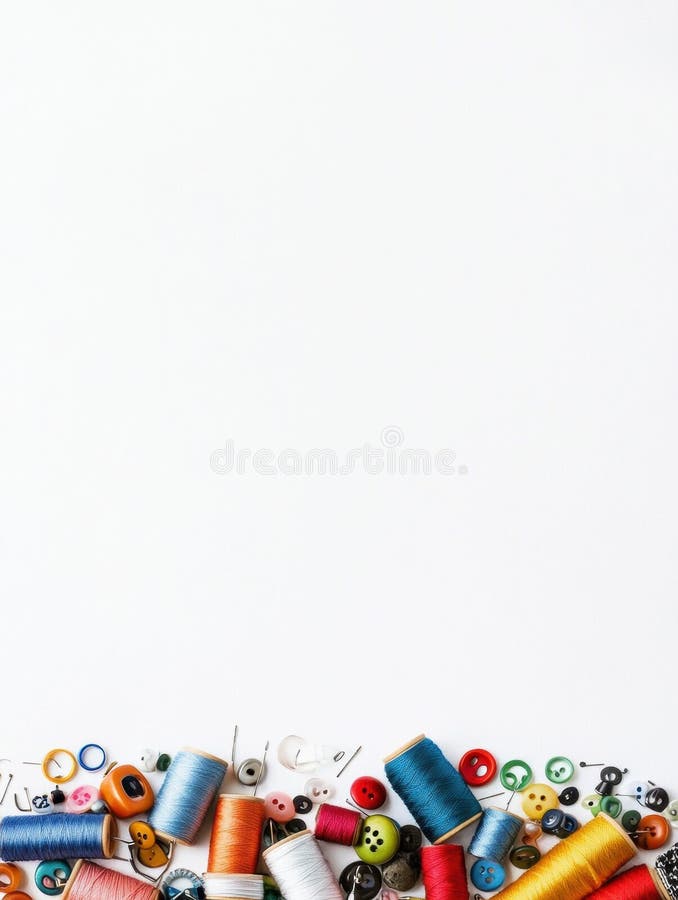 A collection of needles, colorful threads, and various buttons displayed on a white surface, perfect for craft projects stock photography