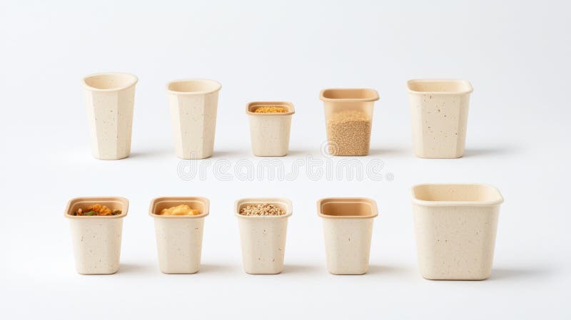 A collection of nine beige cups, each containing a different food item, arranged in two rows of four. stock photo