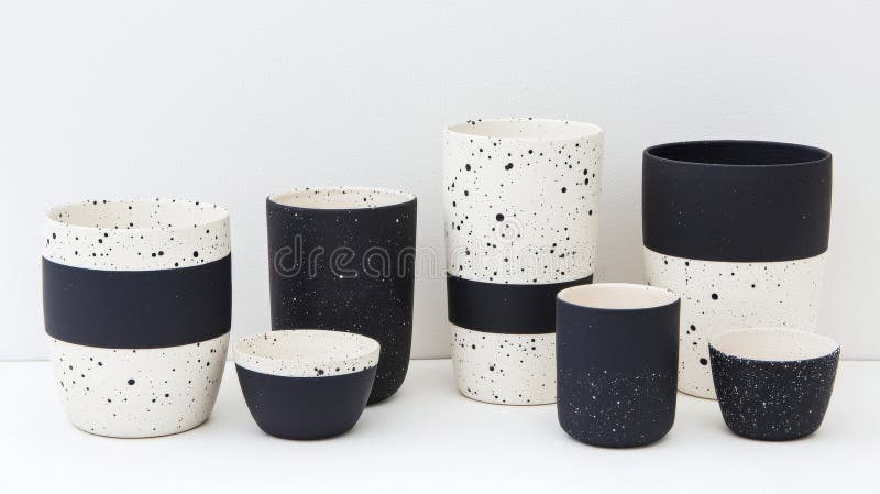 A collection of nine ceramic pieces in black and white speckled patterns, arranged in three rows of three. royalty free stock photography