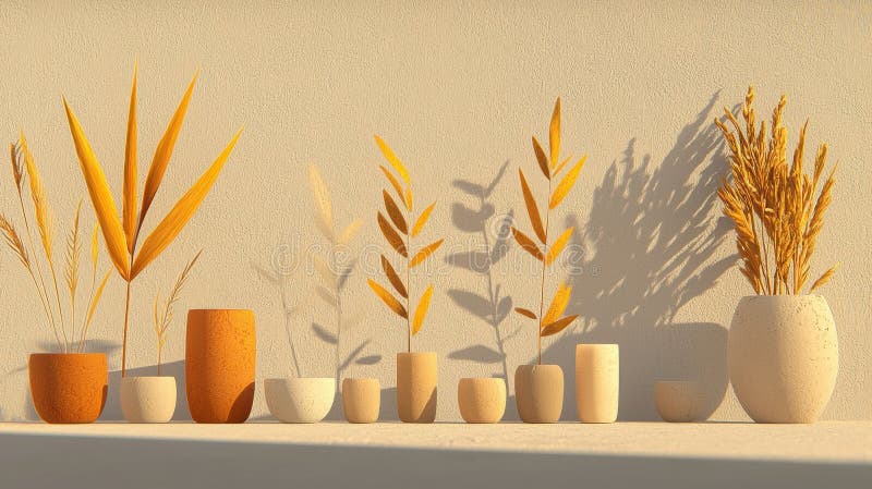 A collection of nine ceramic pots and vases in various shapes and sizes, arranged on a shelf against a beige wall. royalty free stock photo
