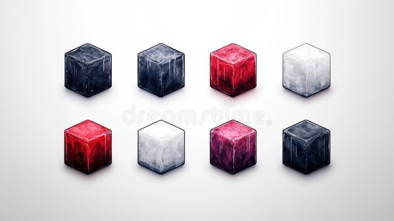 A collection of nine cubes, each with a unique color and texture, arranged in a 3x3 grid. stock photo