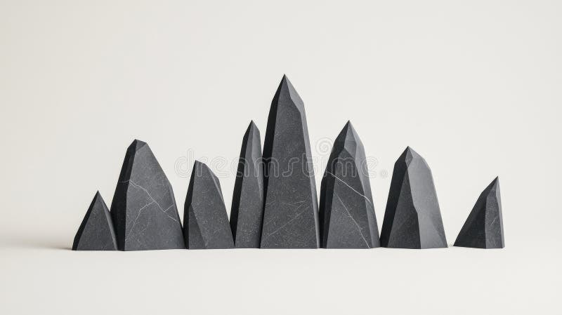 A collection of nine dark gray, faceted rocks arranged in a staggered formation against a plain white background. stock image