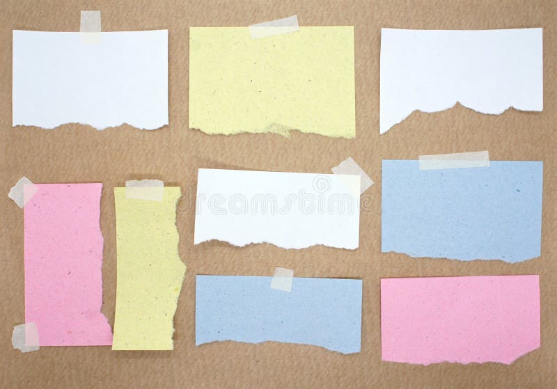 Collection of nine different pieces of paper sheets. Multicolored torn note papers with sticky tape. Mockup for design. Blank temp stock photos