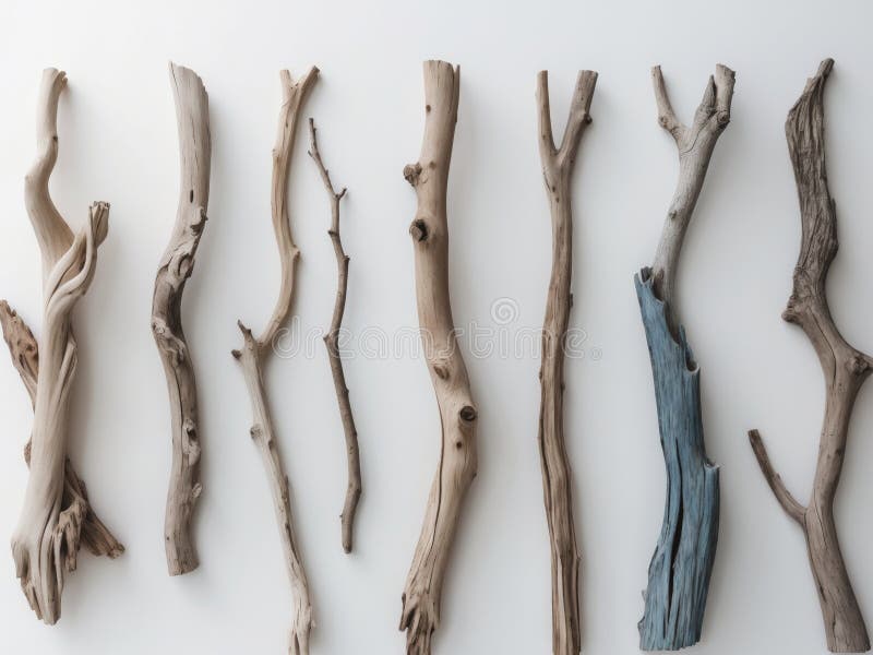 Collection nine different types driftwood branches are of twisted tree. royalty free stock photography