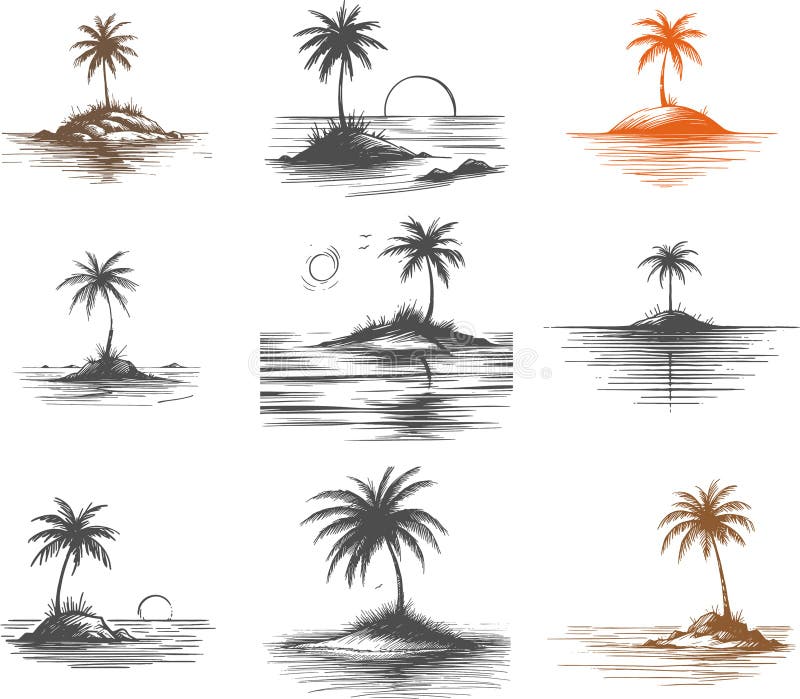 Collection Of Nine Hand Drawn Tropical Island Sketches Set vector illustration