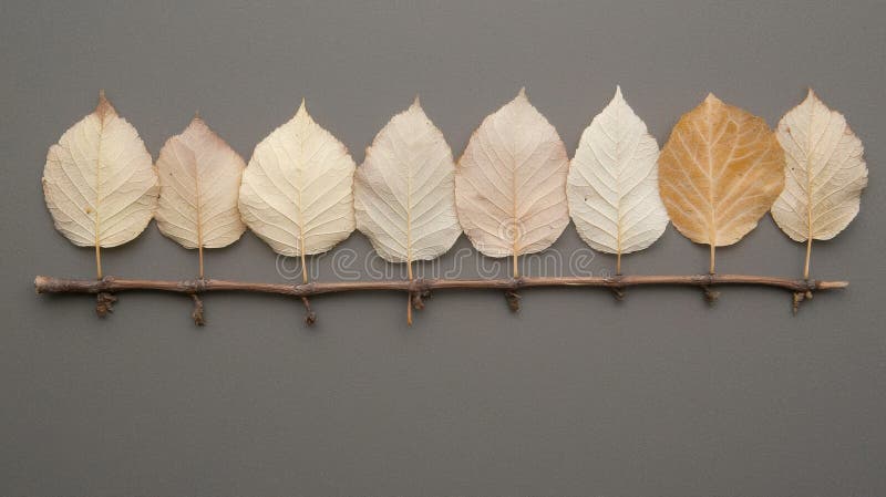 A collection of nine leaves in various shades of brown and beige, arranged in a horizontal row on a gray background. stock image
